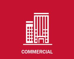 White icon of two commercial buildings on a red background with the word "COMMERCIAL" underneath.