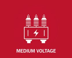 White graphic of a medium voltage electrical component with three insulators on a red background, labeled "MEDIUM VOLTAGE.