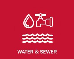 White icons of a water drop, faucet, and waves above the words "Water & Sewer" on a red background.